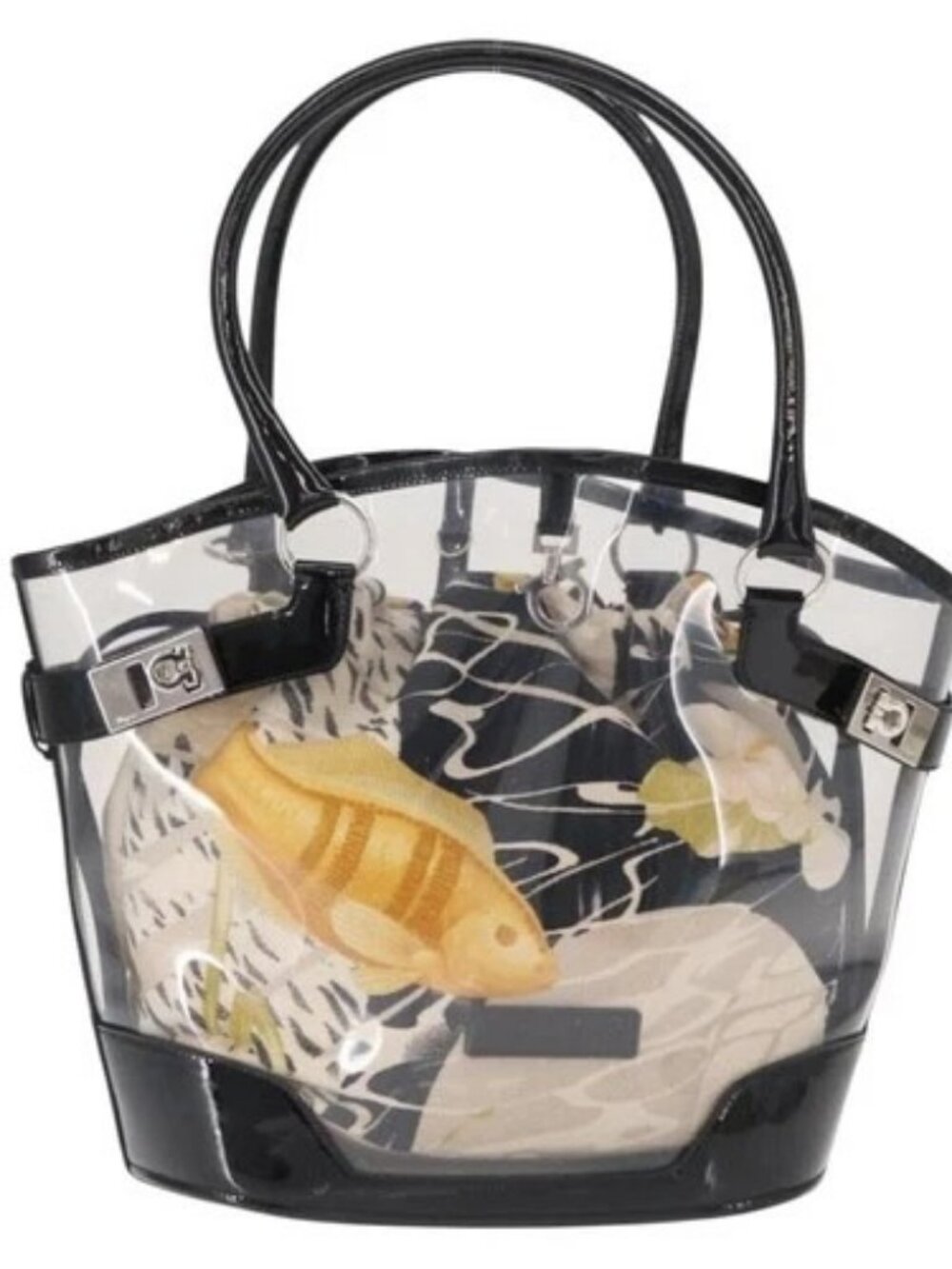 Salvatore Ferragamo Tote Bag Vinyl Clear Silver Auth 151685